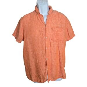 Ike Behar Mens Shirt L 100% Linen Orange Short Sleeve‎ Preppy Casual